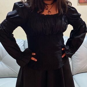 Women Blouse Long Puff Sleeve Ruffle Ruched Pirate Renaissance Corset Tops